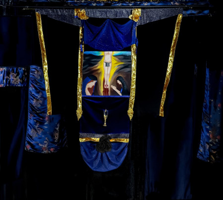 Sexy Jesus uncovered Acrylic painting 1ft by 1in by 1ft 1in within a tapestry extending it to 3ft 2in by 3ft by 9in